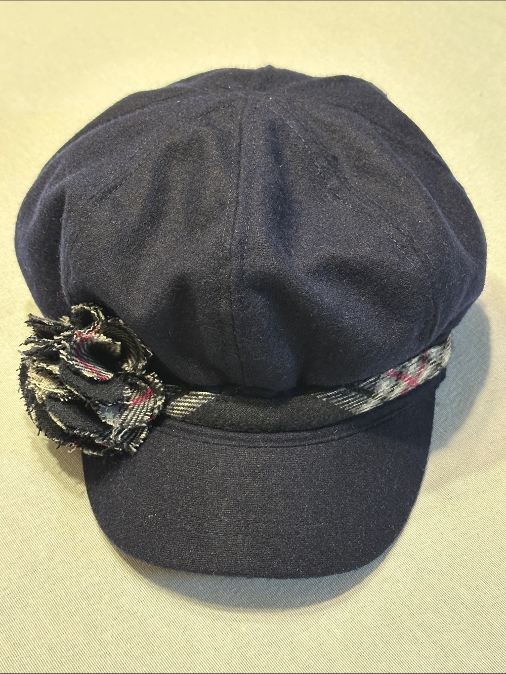 August Hats Navy Baker Boy Cap with Plaid Band and Flower